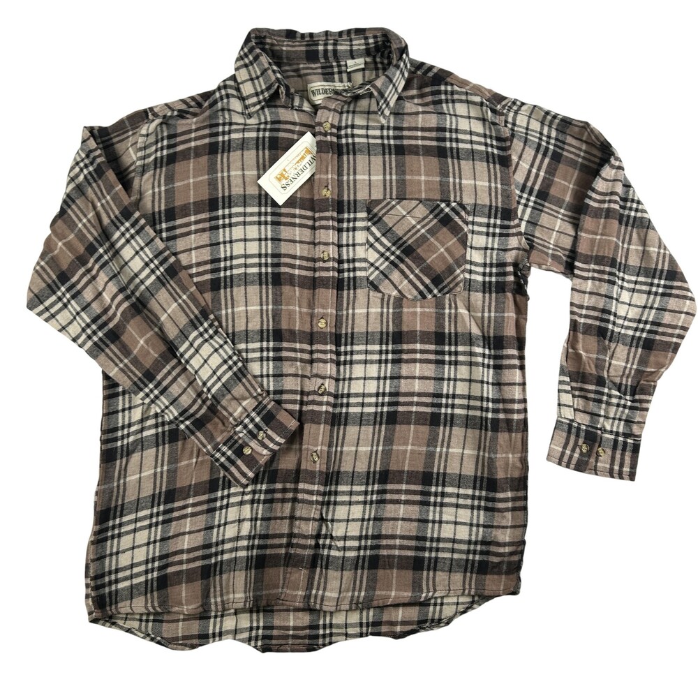 Wilderness Flannel Shirt Mens Large Brown Plaid Button Front Long Sleeve Outdoor